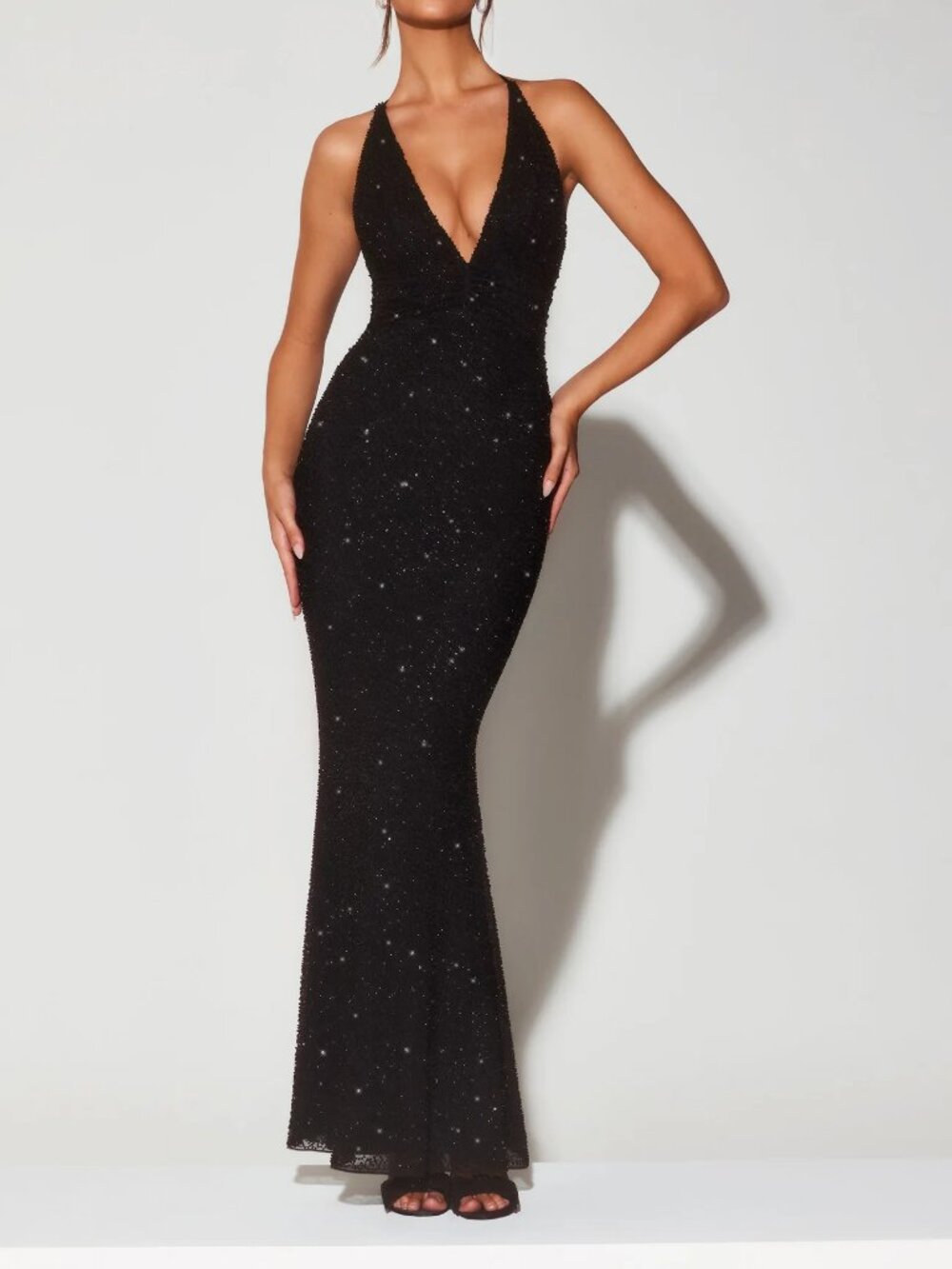 Oh Polly Embellished Plunge Halter Neck Beaded Evening Gown in Black size XS (2)